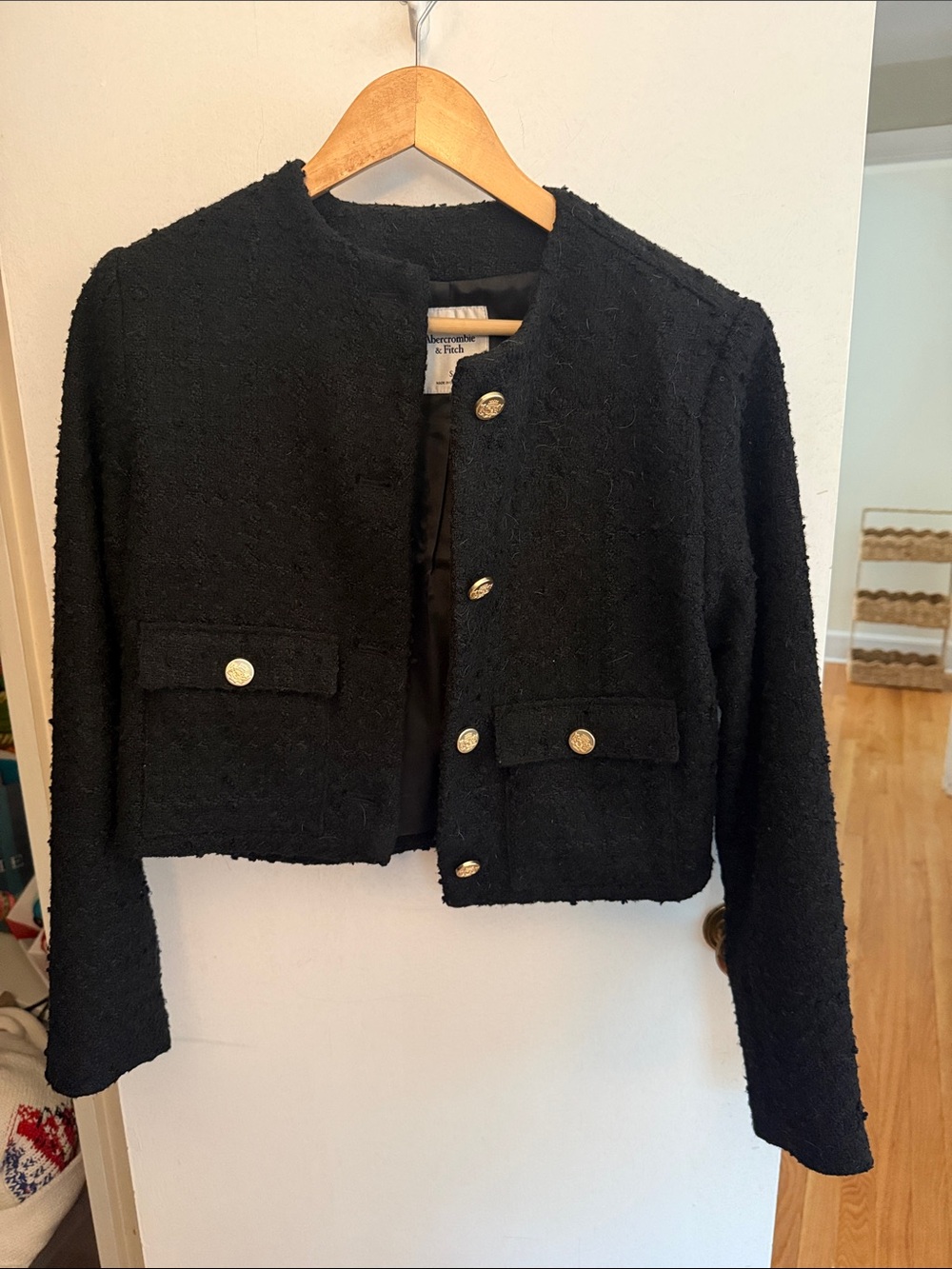 Abercrombie & Fitch Black Tweed Cropped Blazer with Gold Buttons